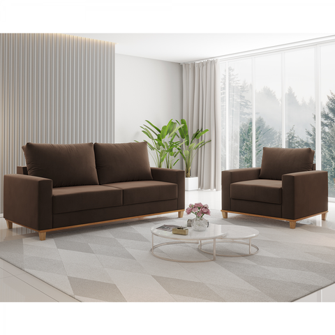 Conjunto Estofado Living + 1 Poltrona Napoles Marrom - Casa Giulia