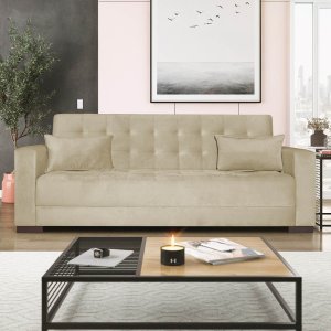 Sofá Cama 3 Lugares Jobim Suede Bege - ADJ Decor