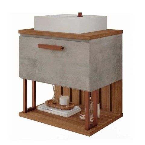 Gabinete de Banheiro 60cm Mdf com Cuba Porta e Nicho Cimento