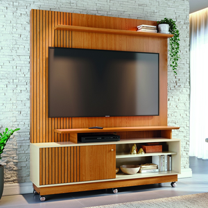 Home Theater Ares com Kit Rodizio Porta em MDF Frisado Para  TV's até 65 Polegadas - Cinamomo/Off Wh