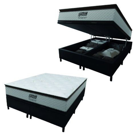 Cama Box Baú Queen Colchão Molas Pocket Ensacadas Tower 158x198x75cm Branco / Preto Gazin