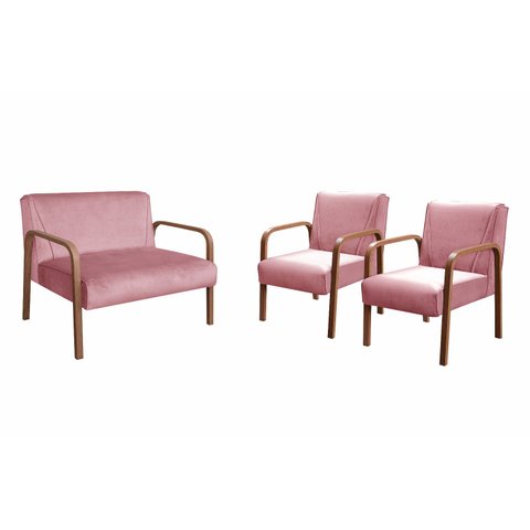 Kit Namoradeira Anita + 2 Poltronas Braço Madeira Decoração Recepção Sala - Veludo Rosê