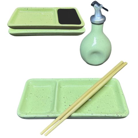 Kit 2 Pessoas Oriental com Jarra e Prato com Divisória de Shoyu Porcelana Verde