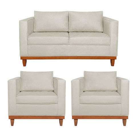 Kit Sofá 3 Lugares e 2 Poltronas Europa 180 cm Estilo Conforto e Elegância Linho Bege - Amarena
