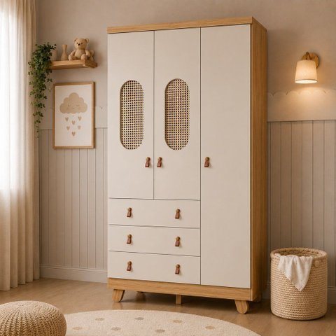 Guarda Roupas Pingo Quarto Bebê 3 Portas Janela com Tela - Off White com Amêndoa