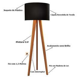 Luminária de Chão Tripé Delta com Cúpula Abajur Black/nature - 6