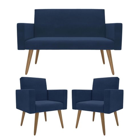 Kit Sófa 2 Lugares e 2 Poltronas para Sala de Estar Recepção Azul-marinho