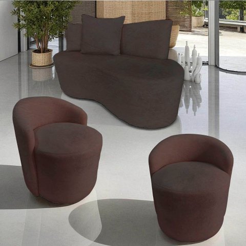 Kit Namoradeira + 2 Poltronas Yara Orgânica Couro Marrom