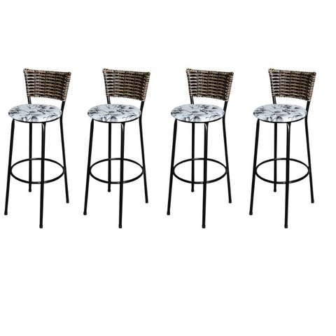 Jogo 4 Banqueta Alta Para Cozinha Ratan Cappuccino Preta Estofado Floral  Floral 
