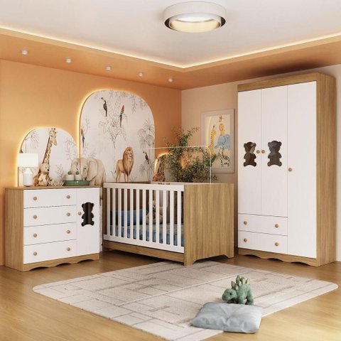 Quarto de Bebê Completo com Berço Americano 3 em 1 Doçura Multimóveis Mp4654 Madeirado/branco