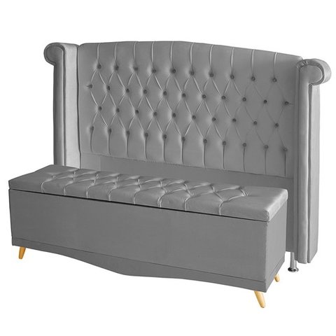 Kit Cabeceira de Cama Box e Calçadeira Baú Luxo King 195 Cm Suede Prata Eli Móveis