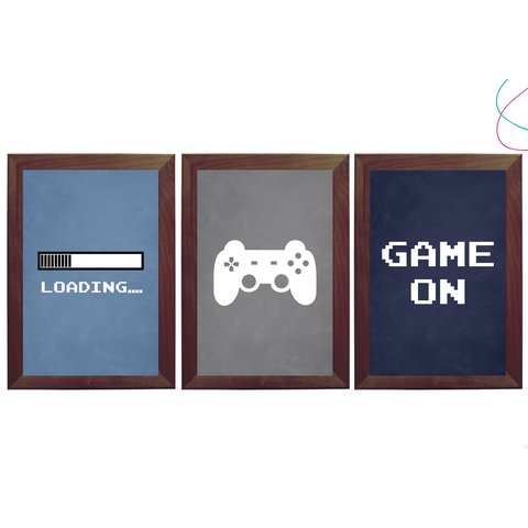 Kit 3 Quadros Decorativos Game On Video Game Vidro Moldura:tabaco