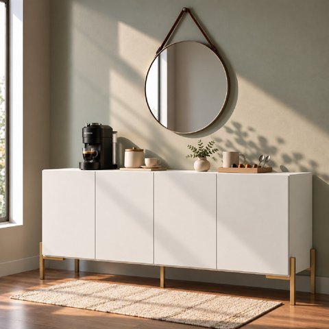 Aparador Buffet 100% MDF 4 Portas com Pés em Metal 164x85x40cm Branco Fosco