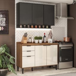 Armário de Cozinha Completa C/ Tampo Lótus Tiny Carraro Freijó Off White Preto Touch - 1