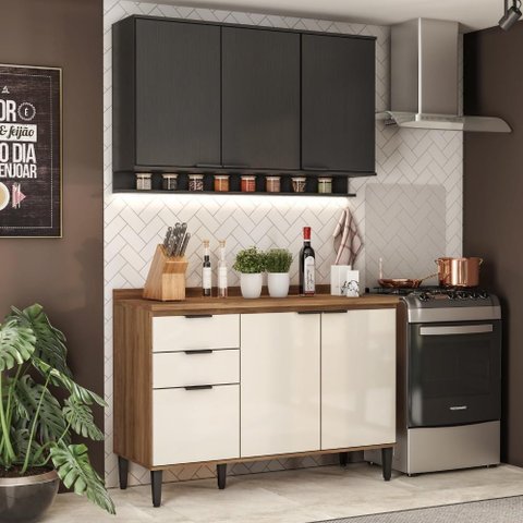 Armário de Cozinha Completa C/ Tampo Lótus Tiny Carraro Freijó Off White Preto Touch