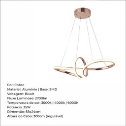 Lustre Pendente 35w Led Integrado Moderno 3 Em1 Bivolt Cobre - 9