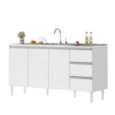 Balcão Salvador 3 Portas 3 Gavetas MDF 160cm Branco Milani Movelaria