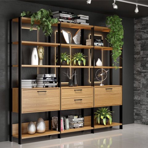 Estante em Mdf para Livros 2 Portas 2 Gavetas Estilo Industrial E93 Freijó Preto Fosco Dalla Costa