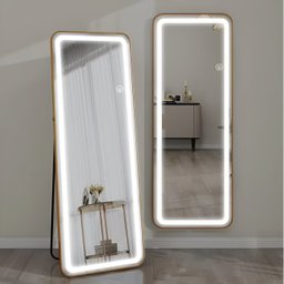 Espelho Jateado com Led Grande Corpo Inteiro com Moldura com Suporte de Chão 170x70cm Luxo Dourado - 1