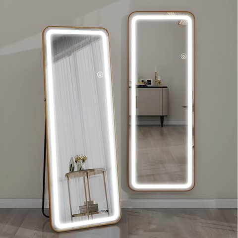 Espelho Jateado com Led Grande Corpo Inteiro com Moldura com Suporte de Chão 170x70cm Luxo Dourado
