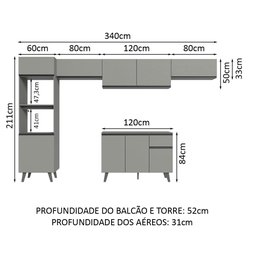 Armário de Cozinha Completa 340cm Cinza Nice Madesa 01 - 4