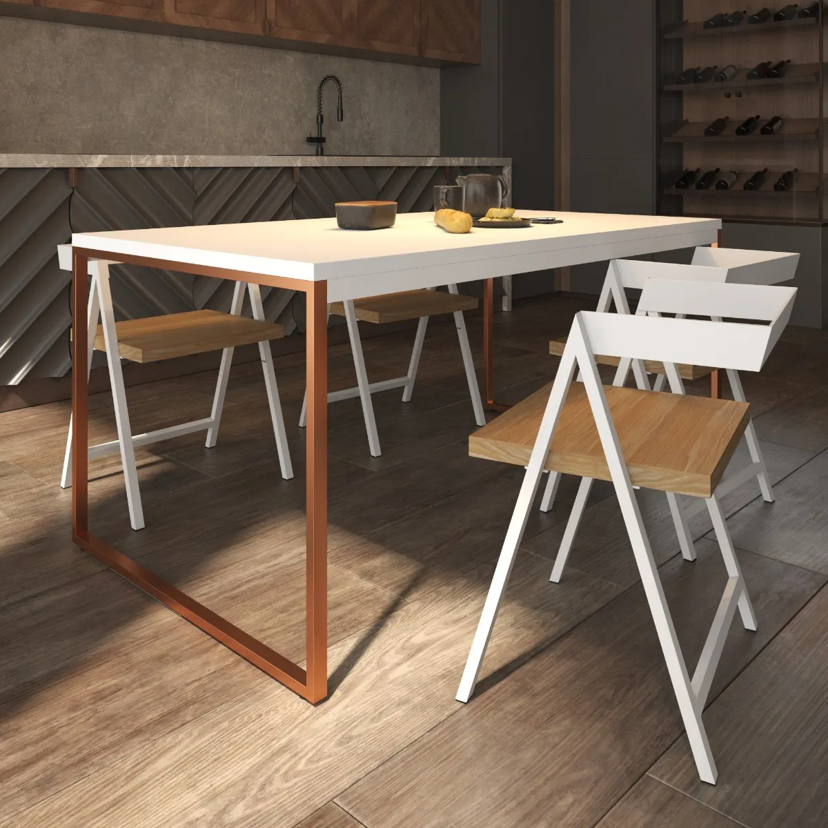 Mesa Branca com Cobre Sala de Jantar Cozinha Retangular para 4 Lugares Industrial Metal 160x90cm - 1