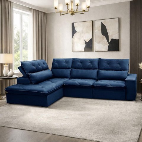 Sofá 3 Lugares Retrátil Reclinável Chaise Esquerdo 258cm Bergen F04 Veludo Azul - Lyam Decor