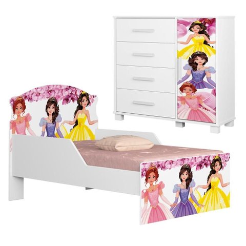 Mini Cama Infantil 153x79 e Comoda 4 Gavetas 1 Porta MDF Livia Decmade