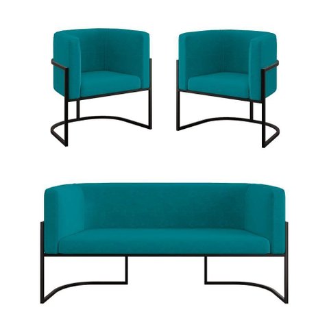 Kit 2 Poltronas + Sofá 2 Lugares Base de Metal Black Balaqui Azul Turquesa