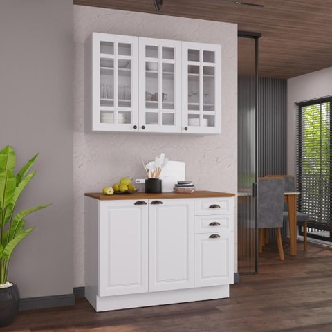 Armário de Cozinha Modulada Compacta Fidelitá Nara 100% MDF 2 Peças 120cm 6 Portas 2 Gavetas com