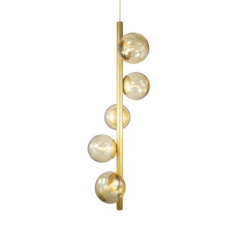 Lustre Vertical Figo Ouro - 5 Globos Esfera de Vidro Âmbar