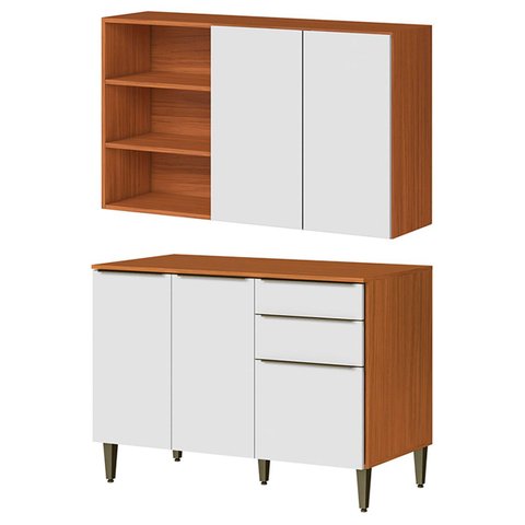 Conjunto Armário Aéreo e Balcão 120 Cm 100% Mdf Luna Cinamomo/branco