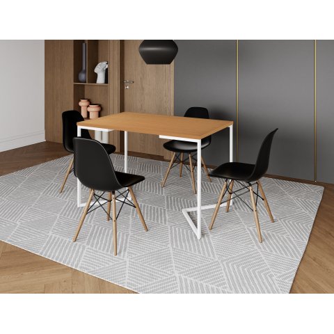 Mesa de Jantar Industrial Base Ferro Branco em  V  Tampo 137x90 Canela 4 Cadeiras Eames Madeira Asse