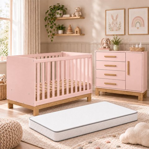 Kit Quarto de Bebê Q Encanto Slim com Berço Mini Cama Cômoda Sapateira e Colchão D18 130x70 Movellu