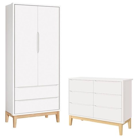 Cômoda 6 Gavetas e Guarda Roupa 2 Portas New Classic Branco com Pés Madeira Natural- Reller