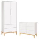 Ver imagem 1 de Cômoda 6 Gavetas e Guarda Roupa 2 Portas New Classic Branco com Pés Madeira Natural- Reller