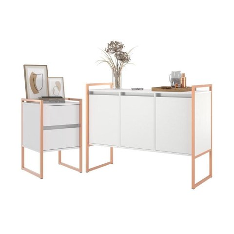 Jogo Gaveteiro e Buffet Industrial Milão - Branco Cobre Branco Cobre