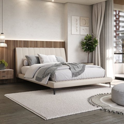Cama Queen Estofada Linho com Cabeceira Moon Bege