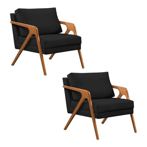 Kit 2 Poltronas Mona Monique Luxo Base Madeira Maciça Cerejeira Veludo Preto