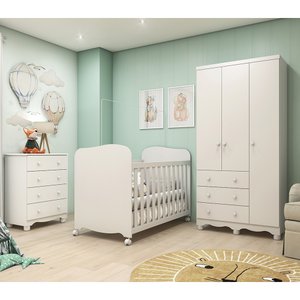 Quarto de Bebê Completo com Berço Guarda Roupa 3 Portas e Cômoda 100% MDF Mimo 