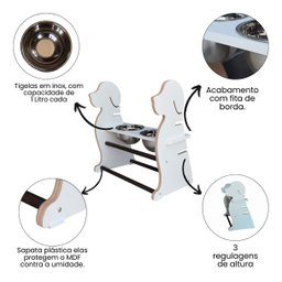 Comedouro Elevado Duplo Pet Cachorro Mdf Regulagem Altura Porte Grande - Branco - 4