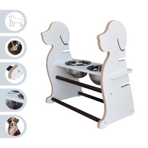 Comedouro Elevado Duplo Pet Cachorro Mdf Regulagem Altura Porte Grande - Branco