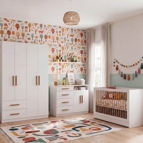 Conjunto de Bebê com Berço Evolutivo, Guarda Roupa e Cômoda Casulo Casatema MadeiraOriginals Branco