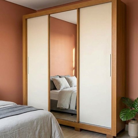 Guarda Roupa Casal 100% MDF 3 Portas 4 Gavetas com Espelho 191,8x214,5x45,7cm Marrom/Off White