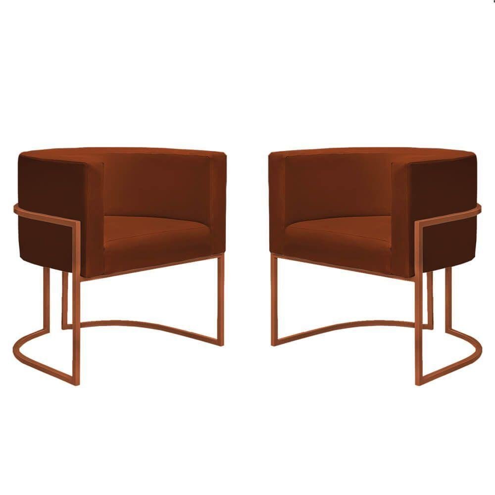 02 Poltronas Base Bronze Assento Veludo Telha - 1