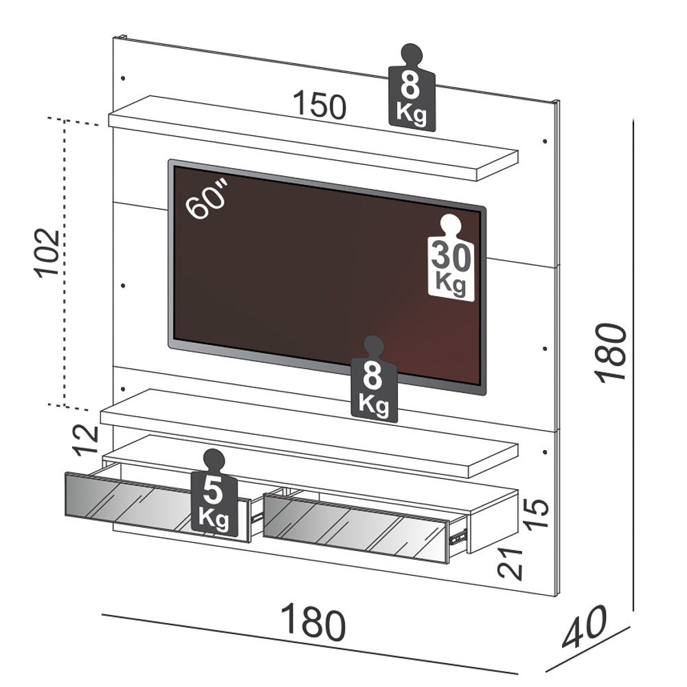 Painel Bancada Suspensa Para TV Até 60 Pol. TB107E Com LED 2 Gavetas ...