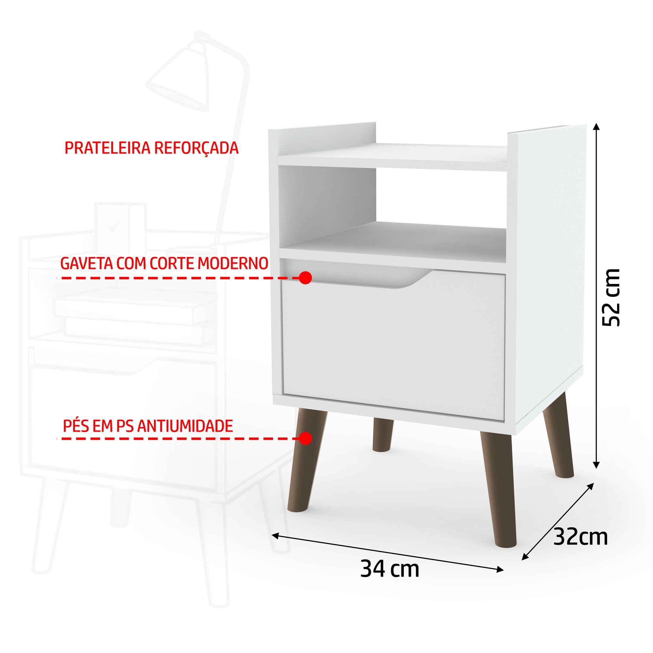 Kit 2 Mesas de cabeceira Retrô Pés palito1 gaveta Gabriela - várias cores:branco - 4