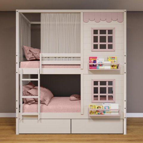 Beliche Casinha Reta com 02 Janelas 02 Gavetas e Cortina Madeira Maciça Branco/ Rosa Housin