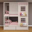 Ver imagem 1 de Beliche Casinha Reta com 02 Janelas 02 Gavetas e Cortina Madeira Maciça Branco/ Rosa Housin