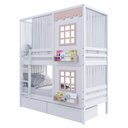 Ver imagem 2 de Beliche Casinha Reta com 02 Janelas 02 Gavetas e Cortina Madeira Maciça Branco/ Rosa Housin